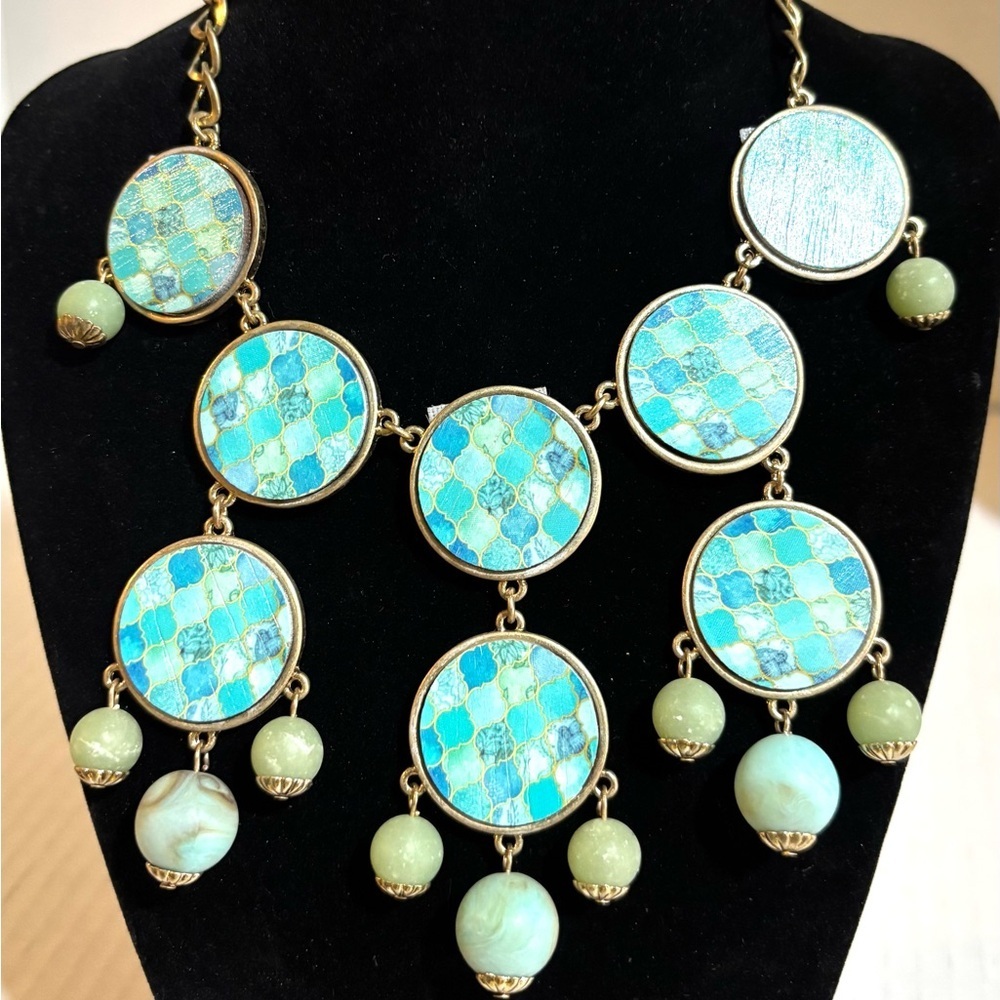 Printed wood Mosaic Disc Statement Necklace - Women Jewelry